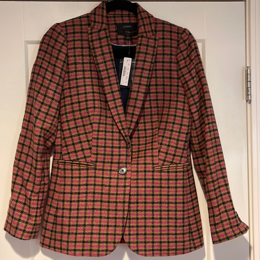 JCrew Parke Houndstooth wool navy/tan/pink blazer BNWT size 0
